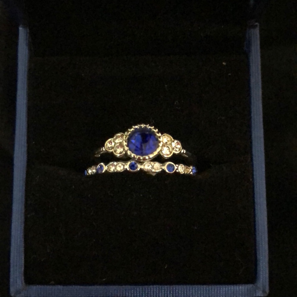 Simulated sapphire and diamond ring set